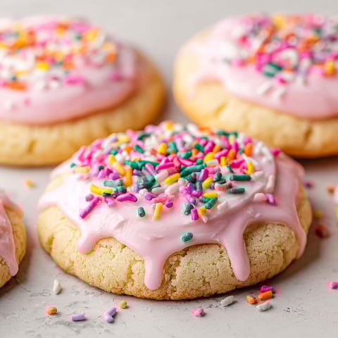 A close up of a frosted sugar cake cookie.
