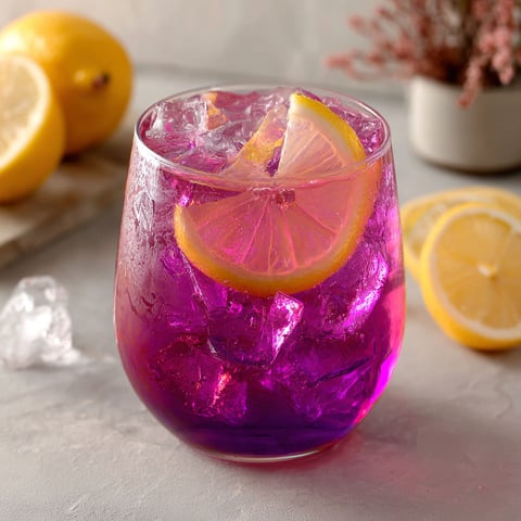 A glass of Witch's Sparkle Lemonade with a slice of lemon.