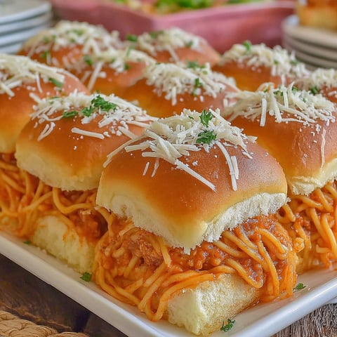 A plate of spaghetti sliders with cheese.