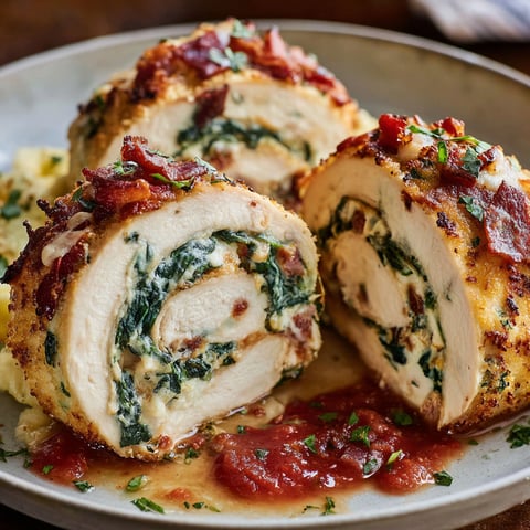 A plate of chicken spinach cheese rollatini.