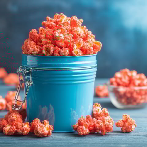 A blue bucket filled with red candy-coated popcorn.