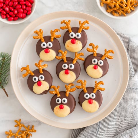 A plate of chocolate covered cookies with candy eyes and antlers.