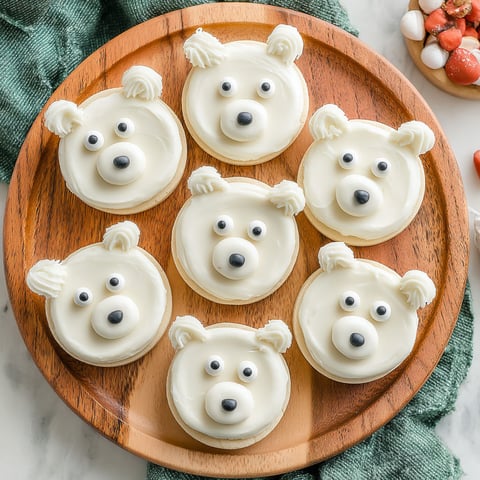 A plate of six white and brown polar bear cookies.