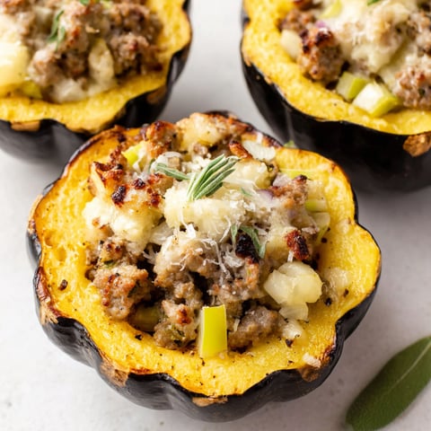 A close up of a stuffed acorn squash with sausage.