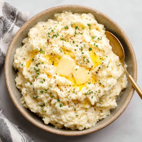 A bowl of mashed potatoes with butter and herbs.