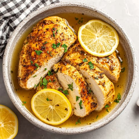 A bowl of chicken with lemon slices on top.
