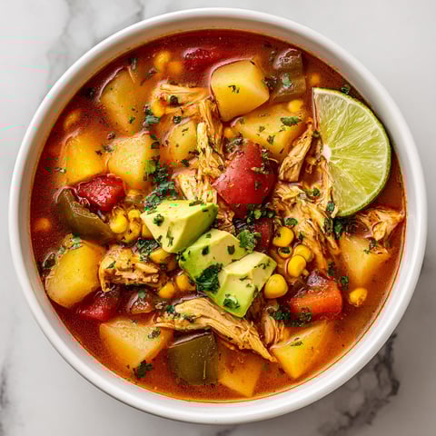 A bowl of soup with chicken, potatoes, and lime.