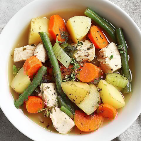 A bowl of chicken and vegetables.