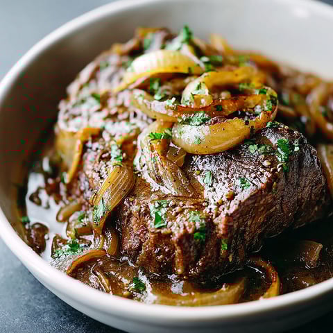 A bowl of beef with onions and herbs.