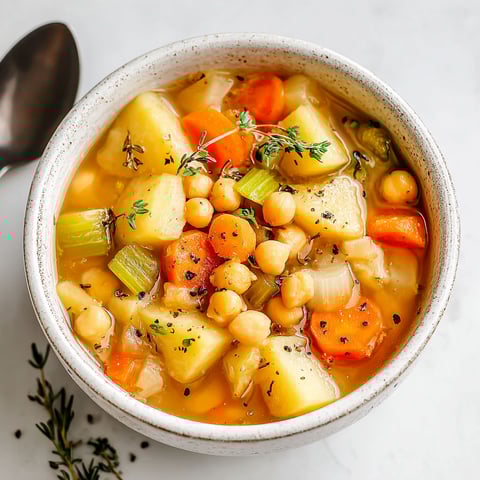 A bowl of soup with chickpeas, carrots, and potatoes.