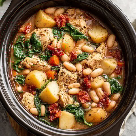 A close up of a crockpot filled with a Tuscan chicken and white bean stew.