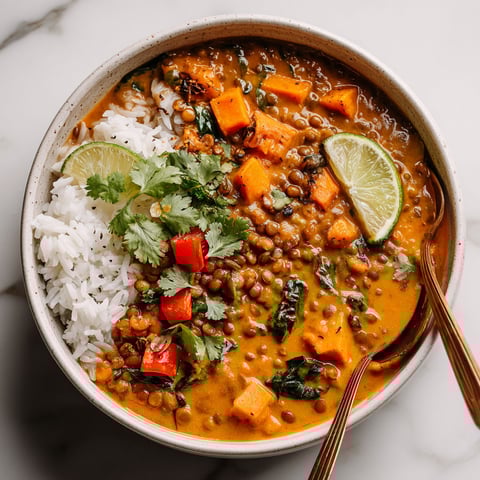 A bowl of vegan crockpot coconut-lentil curry.