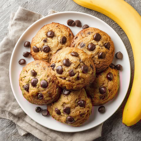 A plate of chocolate chip cookies next to a banana.