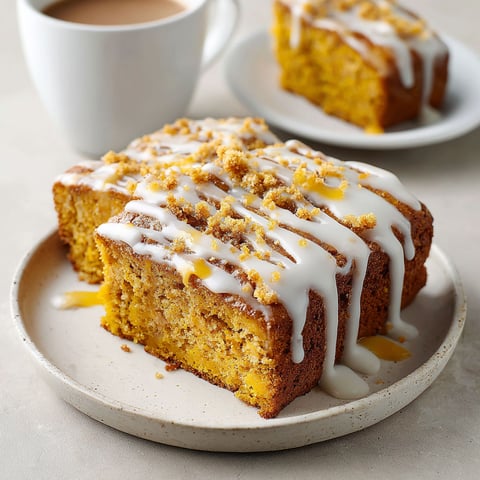 A slice of pumpkin bread with vanilla glaze.