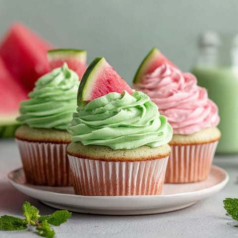 Three fluffy watermelon cupcakes with green and pink frosting.