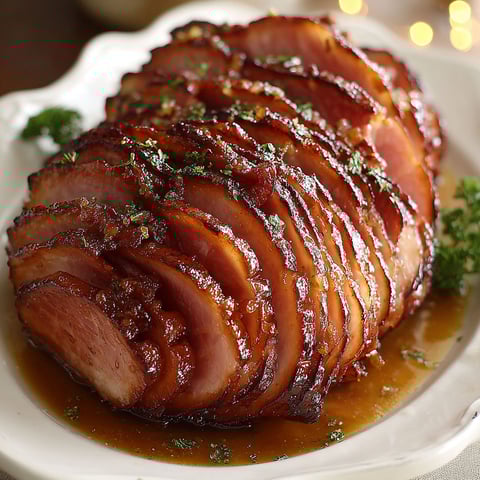 A glazed ham on a plate.