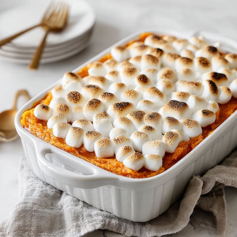 A white dish with a sweet potato casserole and marshmallows on top.