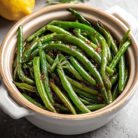 A bowl of green beans with a lemon wedge on top.