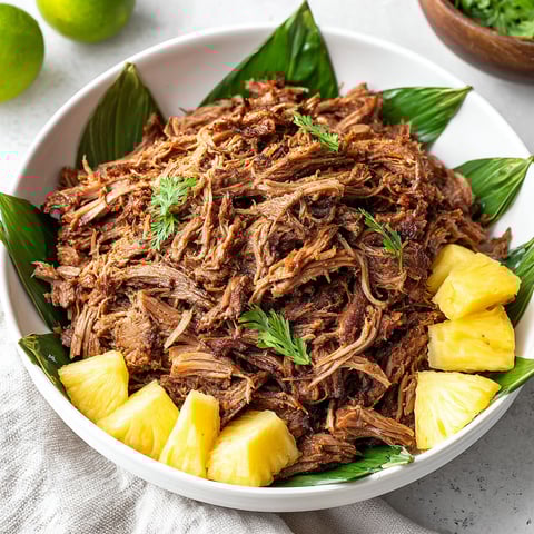A white bowl filled with slow cooker Kalua pork.