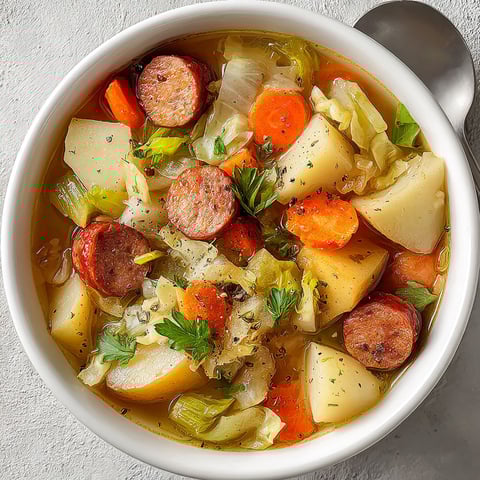 A bowl of soup with sausage, cabbage and potatoes.