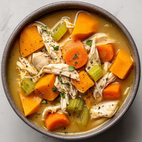A bowl of soup with chicken and sweet potatoes.