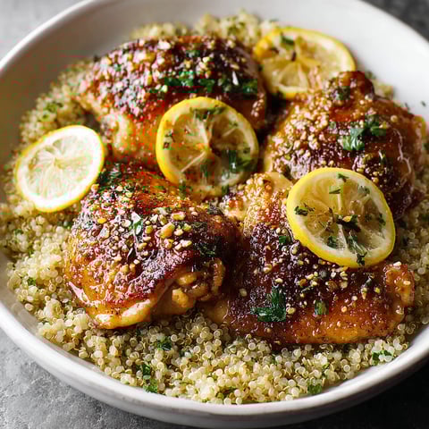 A plate of chicken with lemon and herbs.
