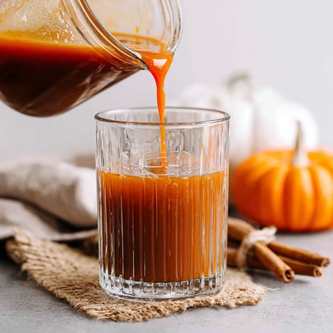 A glass of pumpkin juice is being poured into it.