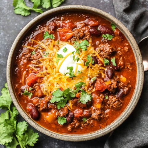 A bowl of chili with cheese and tomatoes.
