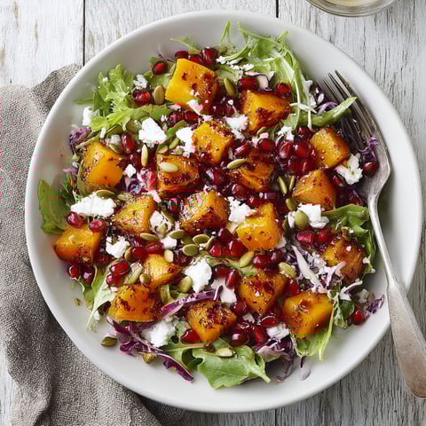 A bowl of roasted butternut squash and pomegranate salad.
