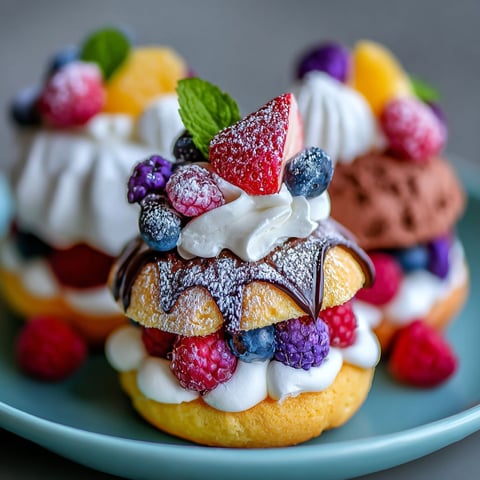 A plate of desserts with fruit and whipped cream.