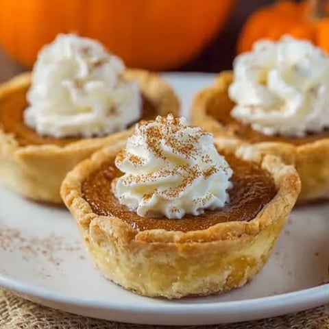 Three mini pumpkin pies with whipped cream on top.