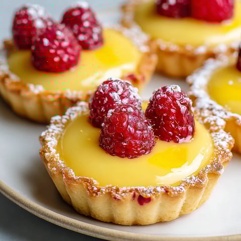 Four mini lemon raspberry tarts on a plate.