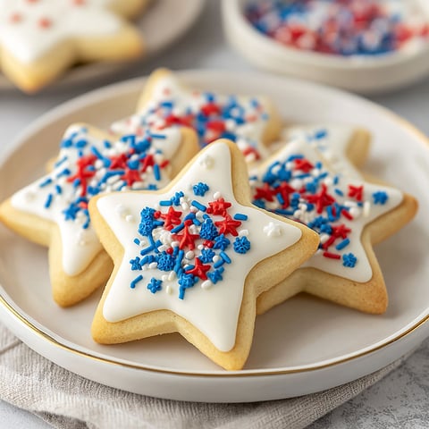 A plate of star-shaped cookies with red, white and blue frosting.
