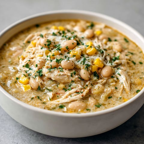 A bowl of chicken chili with beans and corn.