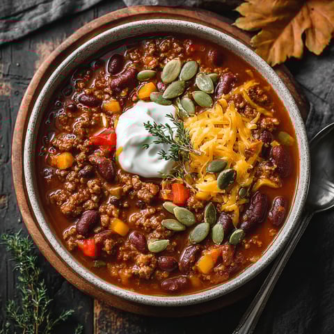 A bowl of chili with a dollop of sour cream on top.