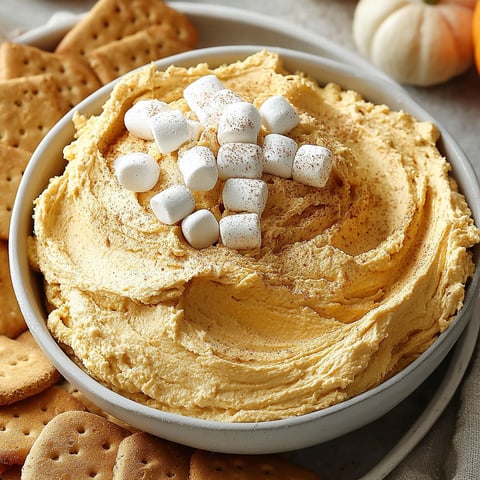A bowl of creamy pumpkin fluff dip with marshmallows on top.