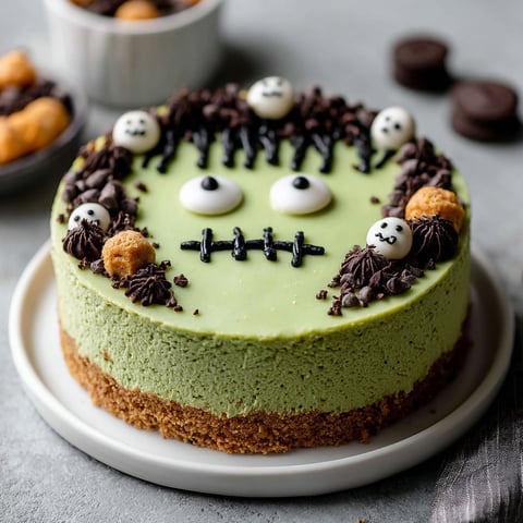 A Frankenstein-themed cheesecake with chocolate and white frosting.
