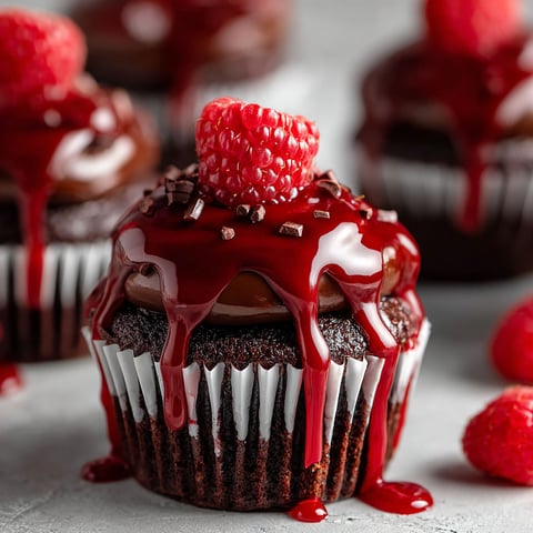 A chocolate cupcake with a raspberry on top and a drizzle of chocolate sauce.
