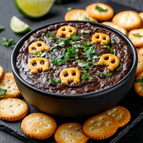 A bowl of black bean dip with a spooky face on top.
