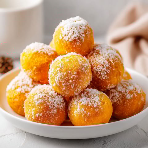 A plate of pumpkin donuts with powdered sugar.