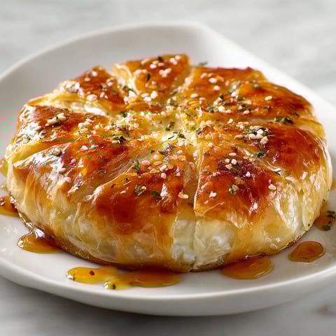 A baked brie in phyllo dough on a plate.