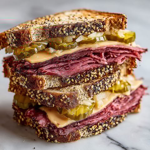 A stack of pastrami sandwiches on rye.