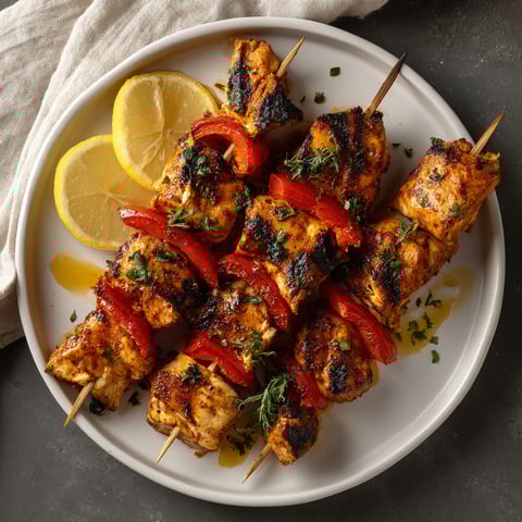 Grilled chicken skewers with lemon and peppers.