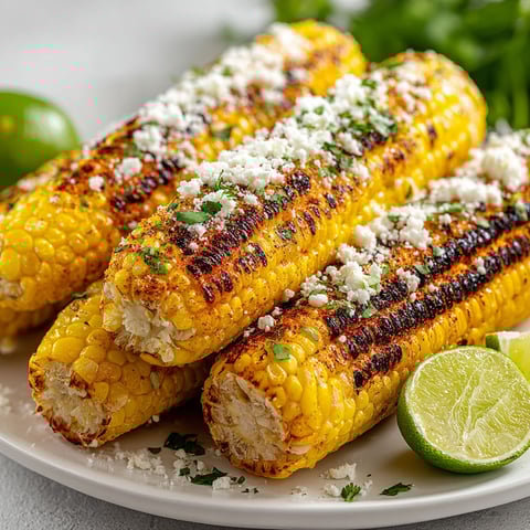 A plate of Mexican street corn with cheese and lime.