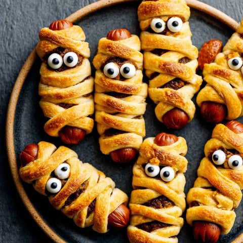 Mummy hot dogs on a plate.