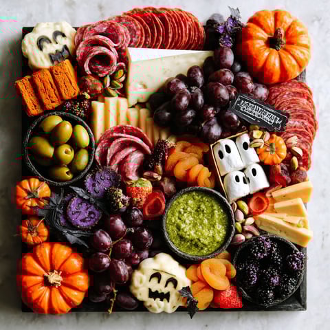 A Halloween charcuterie board with a variety of food items.