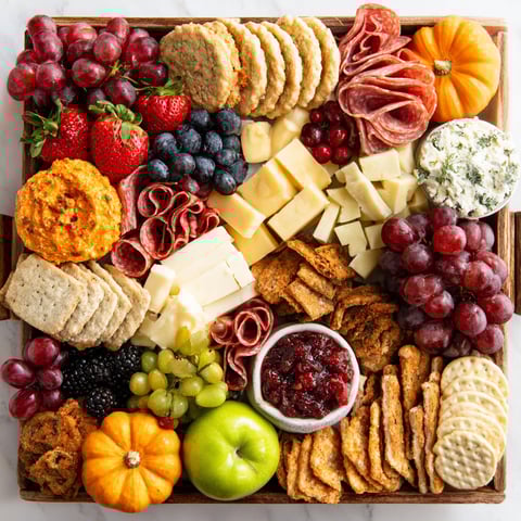 A rustic harvest spread with a variety of fruits and cheeses.