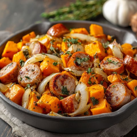 A skillet full of sweet potatoes and onions.