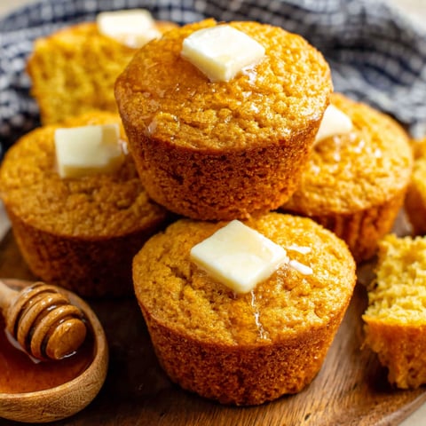 A stack of cornbread muffins with butter on top.