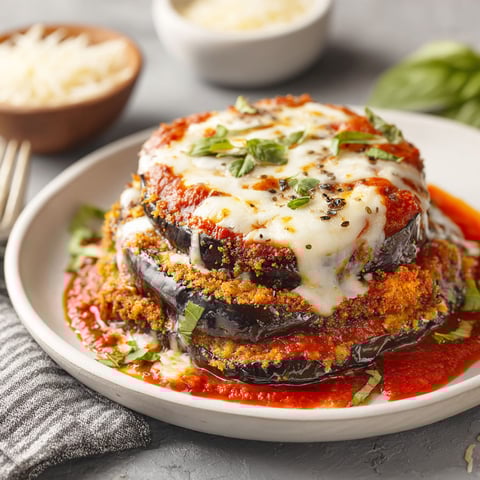 A vegan eggplant parmesan dish with cheese and herbs.